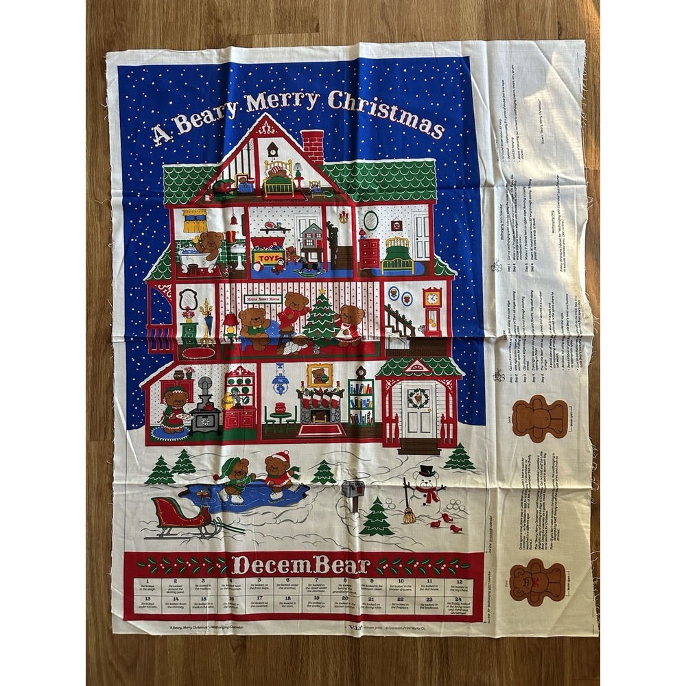 Vtg Cranston ADVENT CALENDAR A Beary Merry Christmas Cut & Sew Fabric Panel Bear